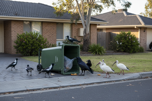 Birds around a wheelie bin