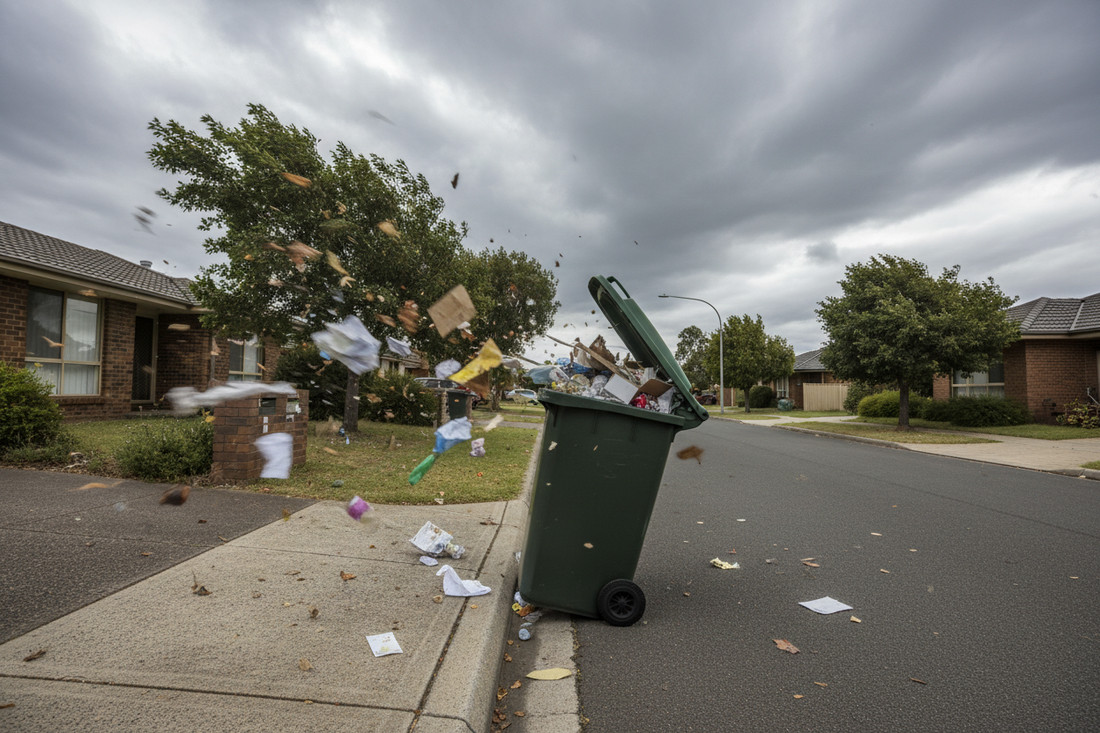 Wheelie bin in the wind